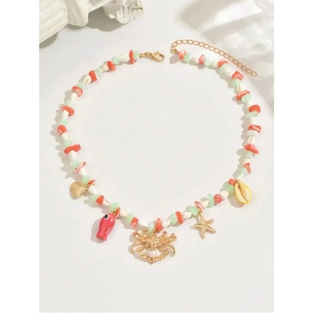 Gold Crab Charm Beaded Necklace A1902